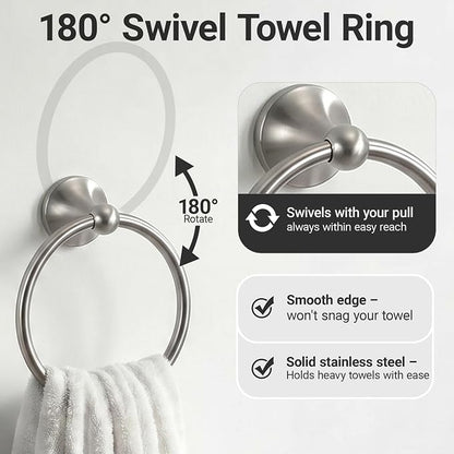 24-Inch Wall Mounted Towel Racks for Bathroom – Space Saver 4-Piece Durable Stainless Steel Bathroom Hardware Set with Towel Bar, Towel Ring, Toilet Paper Holder & Hook, Brushed Nickel