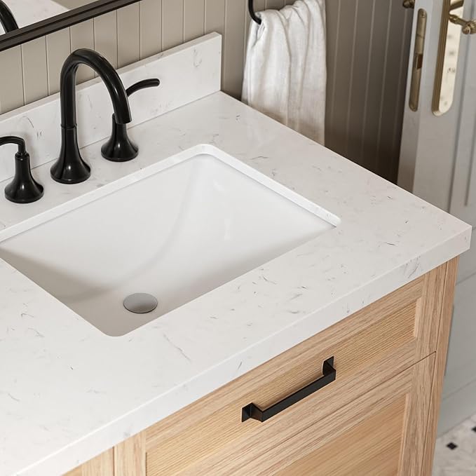 ARIEL Monroe 72-inch Bathroom Vanity with Sink,Solid Wood, 1.5-inch Carrara White Quartz Countertop & Backsplash, Double Oval Porcelain Sink, 9 Dovetail Drawers, Matte Black, White Oak