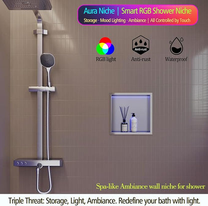 12X12 RGB Shower Niche, Brushed Nickel Stainless Steel LED Wall Niche, No Tile Needed Recessed Storage for Bathroom Storage Built-in Installation