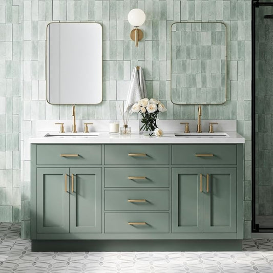 ARIEL Hepburn 67 Inch Double Rectangle Sink Bathroom Vanity with Pure White Quartz Countertop 1.5 Inch in Vintage Green