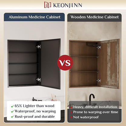 Keonjinn Medicine Cabinet Mirror 30" x 26", Assembly Needed, Black Bathroom Mirror with Storage, Beveled Aluminum Frame, Stepless Adjustable Shelves, Surface Mount or in Wall