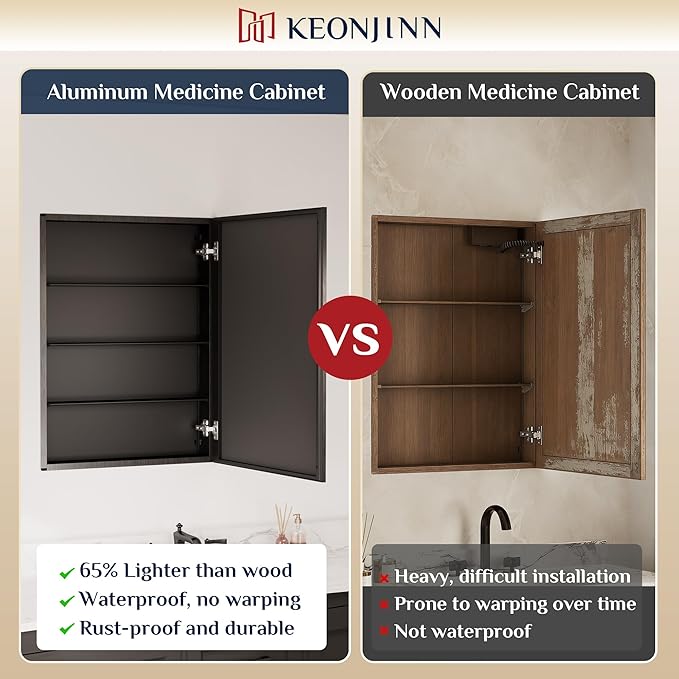 Keonjinn Black Medicine Cabinet Mirror 36" x 24", Assembly Needed, Mirrored Medicine Cabinets for Bathroom, Bevel-Edged Frame, Stepless Adjustable Shelves, Wall-Mounted or Recessed, Tempered Glass
