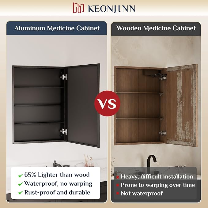 Keonjinn Small Black Medicine Cabinet Mirror 14" x 18", Assembly Needed | Adjustable Shelves, Wall-Mounted or Recessed Bathroom Mirror with Storage, Suitable for Compact Apartment, Beveled Framed