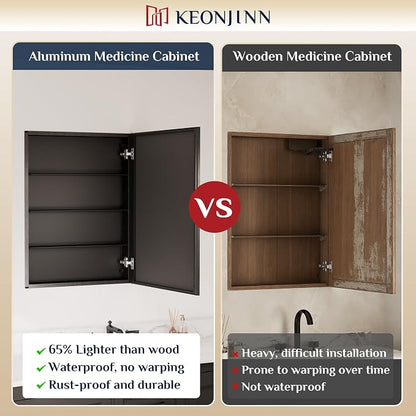 Keonjinn Small Black Medicine Cabinet Mirror 14" x 18", Assembly Needed | Adjustable Shelves, Wall-Mounted or Recessed Bathroom Mirror with Storage, Suitable for Compact Apartment, Beveled Framed