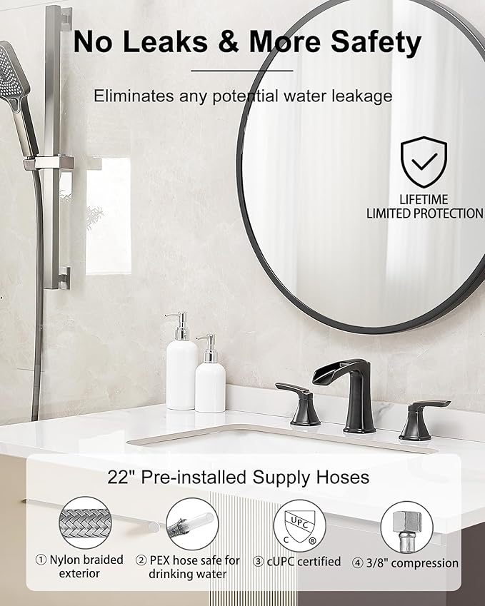 Brass Waterfall Faucet, Oil Rubbed Bronze Bathroom Sink Faucet, 4-16 Inch Widespread Bathroom Faucet, 2 Handle Bathroom Faucets for Sink 3 Hole with Overflow Pop-up Drain for Farmhouse Apartment
