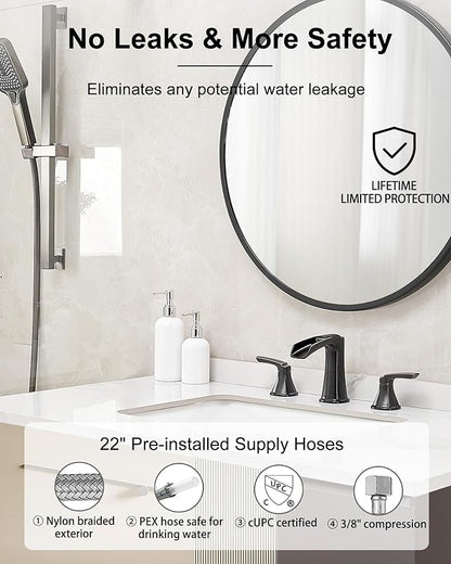 Brass Waterfall Faucet, Oil Rubbed Bronze Bathroom Sink Faucet, 4-16 Inch Widespread Bathroom Faucet, 2 Handle Bathroom Faucets for Sink 3 Hole with Overflow Pop-up Drain for Farmhouse Apartment