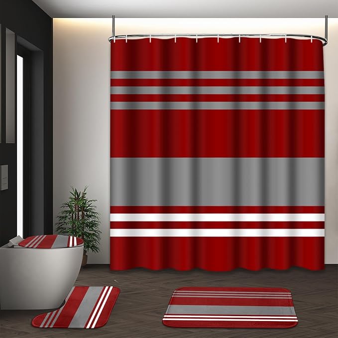 Bathroom Sets with Shower Curtain and Rugs, 4 Pcs, Abstract Stripes | Vintage Modern Burgundy Bathroom Decor Set with Toilet Lid Cover, Non-Slip Bath Mats and Accessories 12 Hooks