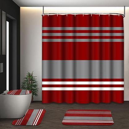 Bathroom Sets with Shower Curtain and Rugs, 4 Pcs, Abstract Stripes | Vintage Modern Burgundy Bathroom Decor Set with Toilet Lid Cover, Non-Slip Bath Mats and Accessories 12 Hooks