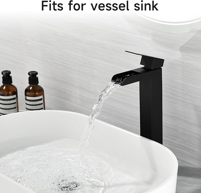 Black Tall Waterfall Bathroom Faucet, Single Hanlde Vessel Sink Faucet with Waterfall Spout, Bathroom Faucets for 1 Hole, RV Lavatory Vanity Mixer Bar Tap with Pop Up Drain and Hoses KMBF015B