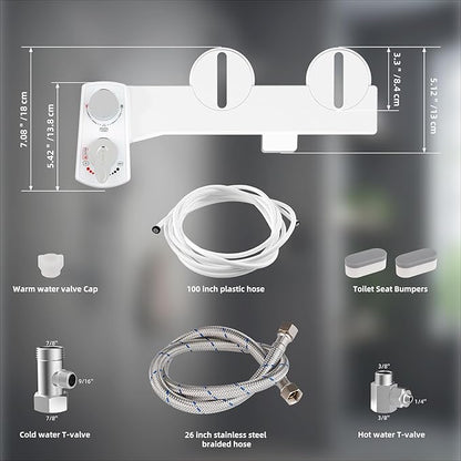 Hibbent Bidet Attachment for Toilet, Hot and Cold Water Spray Non-Electric Dual Nozzle for Frontal & Rear Wash, Adjustable Water Pressure Control, Self Cleaning Water Sprayer, White