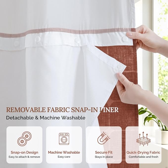 RiverDream Farmhouse No Hook Shower Curtain with Snap-in Liner,Orange,71x74 | Snap on Fabric Liner,Heavy Duty,Quick Dry,Mesh Top Window,With Bottom Magnets,Washable,with Tassels,Standard Size