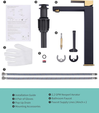ARCORA Vessel Sink Faucet Black and Gold, Single Handle Tall Bathroom Faucet, Single Hole Lavatory Vanity Mixer Tap with Pop Up Drain and Faucet Supply Lines