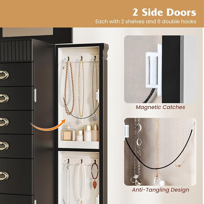 DREAMADE Jewelry Armoire, Standing Jewelry Box w/Mirror & 7 Drawers, Black | Flip Top Organizer with 2 Side Doors and Anti-Toppling Device, Large Jewelry Cabinet Storage for Bedroom