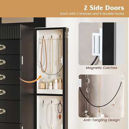 DREAMADE Jewelry Armoire, Standing Jewelry Box w/Mirror & 7 Drawers, Black | Flip Top Organizer with 2 Side Doors and Anti-Toppling Device, Large Jewelry Cabinet Storage for Bedroom