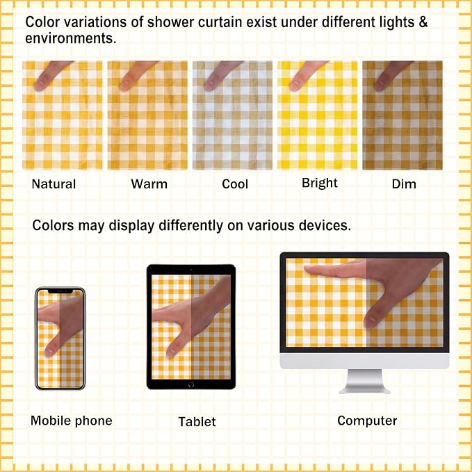 HunnmingRe Ruffled Gingham Shower Curtain Yellow | 72'' x 72'' Vintage Farmhouse Curtain, Cotton Cottage Core Rural Checkered Plaid Decor, Fall Shower Curtain for Bathroom