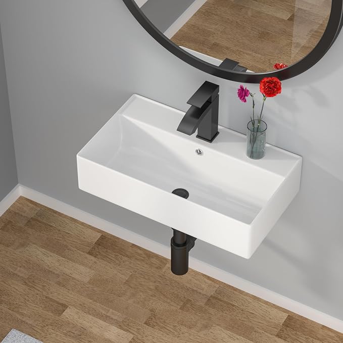 Wallmounted Bathroom Vessel Sink - 21"x12" Rectangular Floating Wall Hung Sinks Ceramic Wash Hand Basin White Wall Mount Vanity Sink for Modern Bathroom