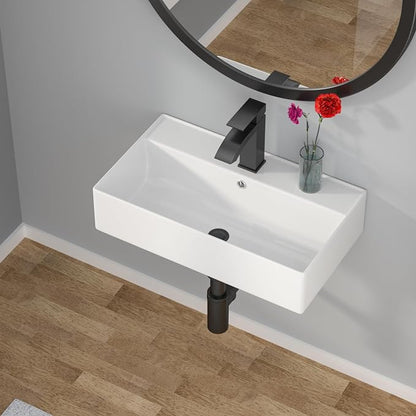 Wallmounted Bathroom Vessel Sink - 21"x12" Rectangular Floating Wall Hung Sinks Ceramic Wash Hand Basin White Wall Mount Vanity Sink for Modern Bathroom