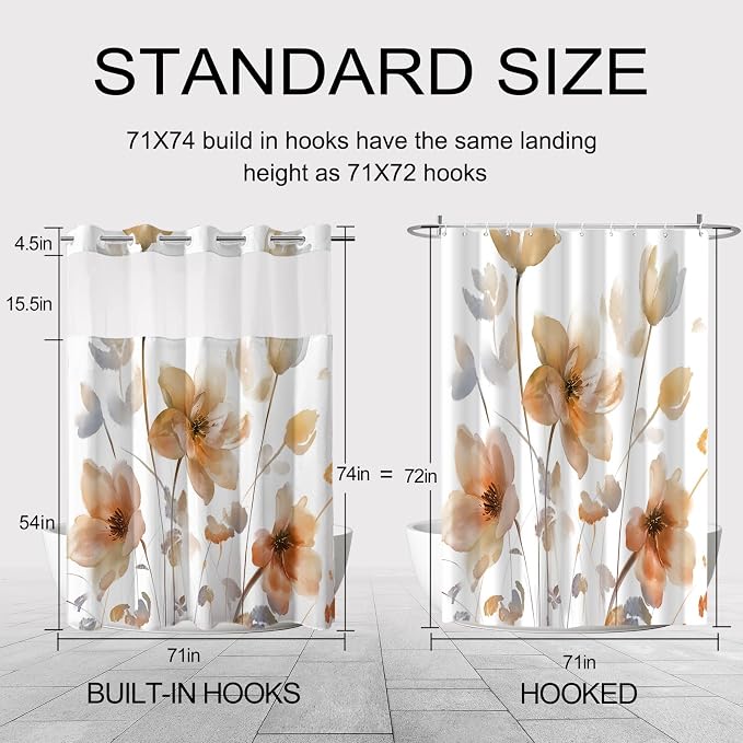 No Hook Shower Curtain and Liner Set, Orange Boho Floral 71x74 | Watercolor Boho Flower, with Snap in Liner, Waterproof, Machine Washable, Quick-Drying, for Hotel Bathroom