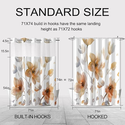 No Hook Shower Curtain and Liner Set, Orange Boho Floral 71x74 | Watercolor Boho Flower, with Snap in Liner, Waterproof, Machine Washable, Quick-Drying, for Hotel Bathroom
