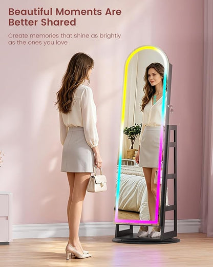 HWB Mirror Jewelry Cabinet Standing with RGB Lights & Storage Shelves | Mirror w/Storage, LED Full-length Mirror, Lockable Jewelry Armoire, 360° Swivel, Standing Jewelry Cabinet, Girls Women Gifts