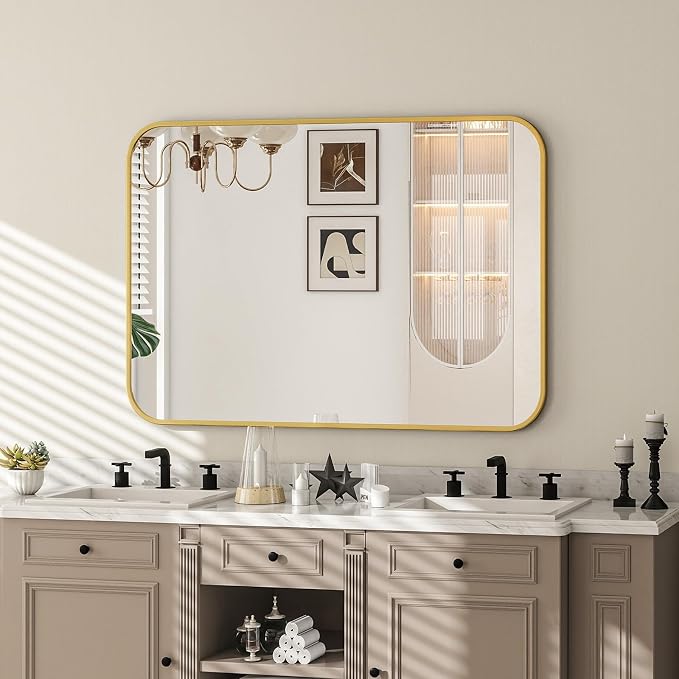 24x36 Inch Gold Bathroom Vanity Mirror for Over Sink | Rectangle Wall Mirror for Bathroom with Round Corner, Hangs Horizontally Vertically for Living Room, Bedroom as Home Decor