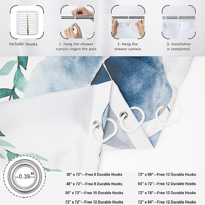 Blue Shower Curtain, Watercolor Eucalyptus Leaves Botanical Plants with Floral Bathroom Curtain Home Bathtub Decor Waterproof Fabric Machine Washable with 8 PCS Hooks,48" Wx72 L