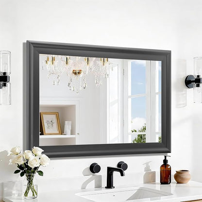 Wall Grey Mirror for Bathroom,Rectangle Rustic 24 x 36 inch Vanity Mirrors | Hanging Mirror with Wood Grain Finish Frame for Living Room,Bedroom,Entryway