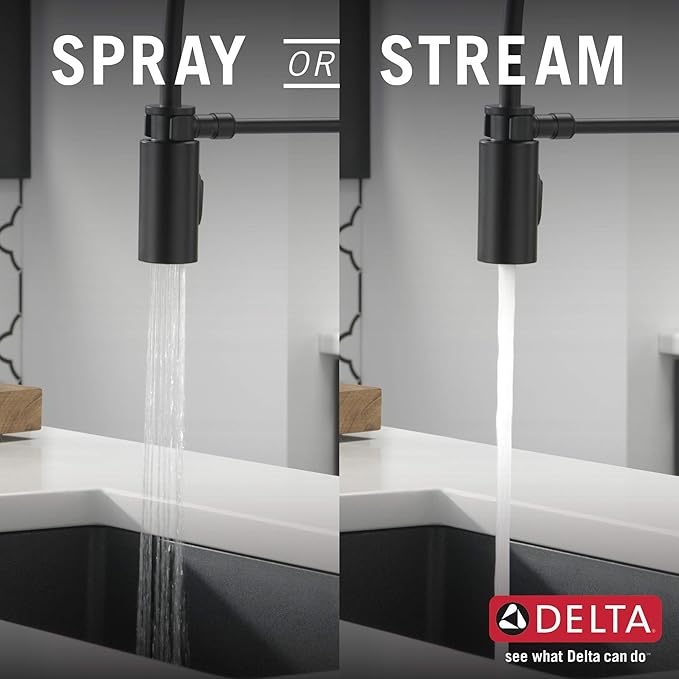 Delta Antoni Pro Style Commercial Kitchen Faucet with Pull Down Sprayer, Single Hole Matte Black Kitchen Sink Faucet, Single Handle, Matte Black 18803-BL-DST