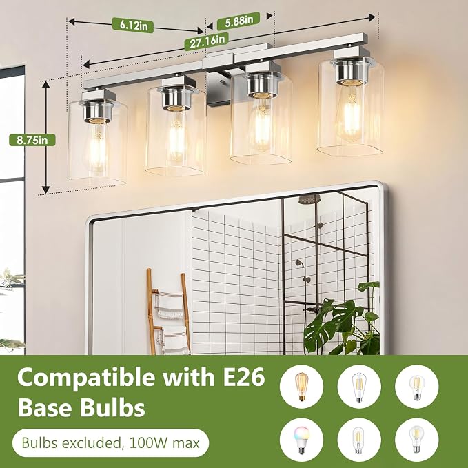 27” Bathroom Light Fixtures,4-Light Vanity Light Brushed Nickel | Square Clear Glass & Durable Metal, Quick & Easy Installation, Standard E26 Socket, Bright Bathroom Lighting