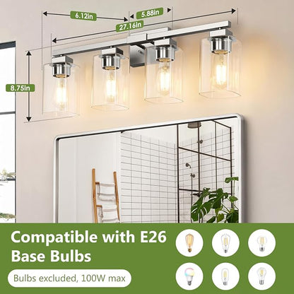 27” Bathroom Light Fixtures,4-Light Vanity Light Brushed Nickel | Square Clear Glass & Durable Metal, Quick & Easy Installation, Standard E26 Socket, Bright Bathroom Lighting