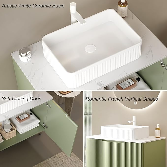 30" Bathroom Vanity with Sink, Small Bathroom Vanity with Durable Ceramic Basin and Sintered Stone Countertop and Soft Closing, Freestanding Bathroom Vanities, Soft Green