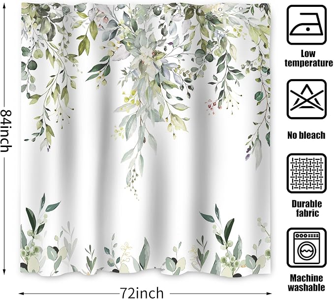 Sage Green Eucalyptus Extra Long Shower Curtain, Watercolor Leaves Plant Spring Floral Waterproof Fabric Machine Washable with Hooks for Bathroom Bathtub 72Wx84H