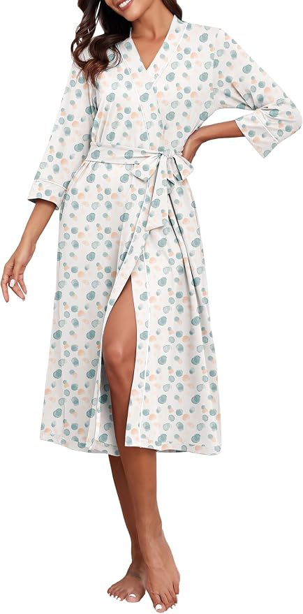 PrinStory Robes for Women 3/4 Sleeve Long Bath Robe XS-4XL | V-Neck Knit Bathrobe with Pockets, Lightweight, Soft, Breathable Robes for Shower, Spa, Travel, Home, Party, Nursing