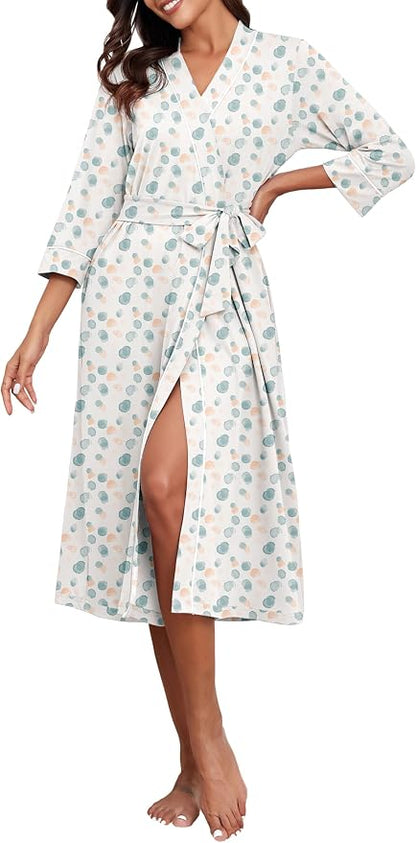 PrinStory Robes for Women 3/4 Sleeve Long Bath Robe XS-4XL | V-Neck Knit Bathrobe with Pockets, Lightweight, Soft, Breathable Robes for Shower, Spa, Travel, Home, Party, Nursing