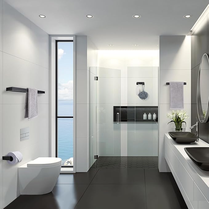 Lairuier Matte Black Bathroom Hardware Accessories, 4PCS Towel Bar Set | Including Towel Bar, Towel Holder, Toilet Paper Holder, Towel Hook, SUS304 Stainless Steel Bathroom Towel Holder Hardware Set