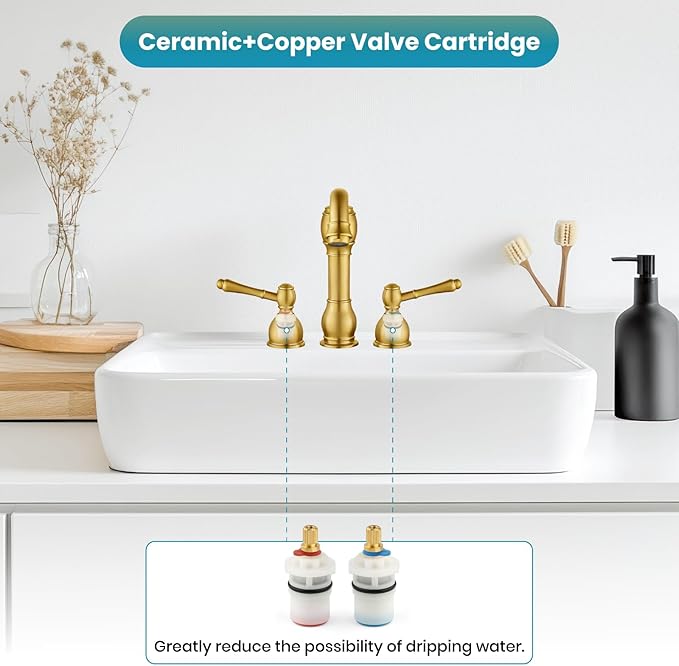 gotonovo 8 Inch Widespread Bathroom Faucets for Sink 3 Hole 2 Lever Handle Deck Mount with Pop Up Drain Hot and Cold Water Supply Lines Brushed Gold