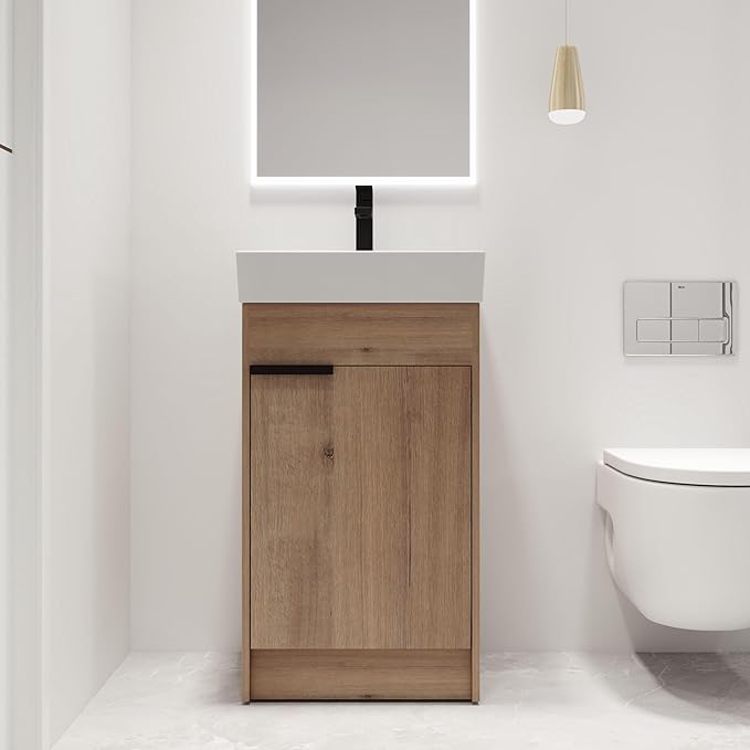 Malwee 18 Inch Bathroom Vanity with Sink, 18" Mordern Freestanding Bathroom Vanity, Floor Stand Single Sink Bath Vanity Combo, Brown Bathroom Cabinet Set with Soft Closing Door (MW01618IMO)