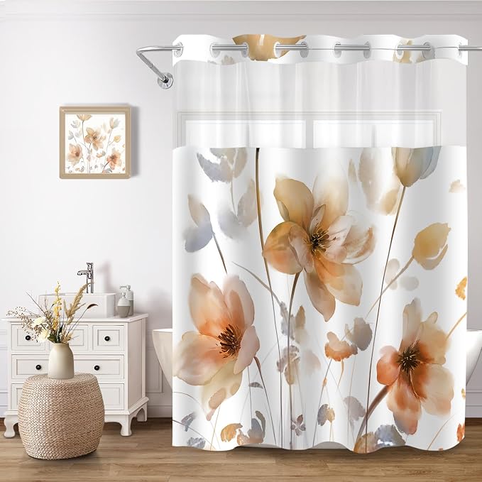 No Hook Shower Curtain and Liner Set, Orange Boho Floral 71x77 | Watercolor Boho Flower, with Snap in Liner, Waterproof, Machine Washable, Quick-Drying, for Hotel Bathroom