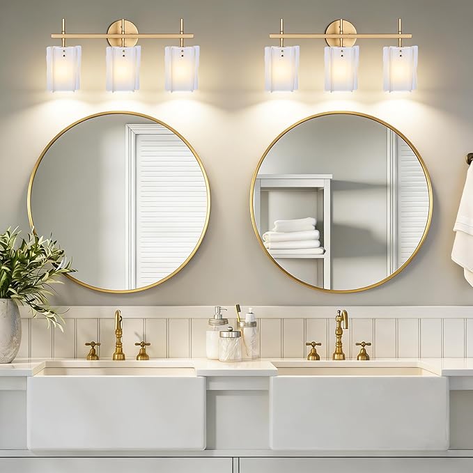 3-Light Milk Glass Bathroom Vanity Light, Gold Bathroom Light Fixture Over Mirror, Modern Vintage Vanity Lights for Bathroom, Mirror Cabinets, Powder Room, Living Room, 23.6" L