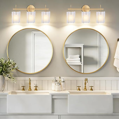 3-Light Milk Glass Bathroom Vanity Light, Gold Bathroom Light Fixture Over Mirror, Modern Vintage Vanity Lights for Bathroom, Mirror Cabinets, Powder Room, Living Room, 23.6" L