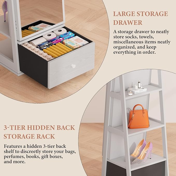 Jewelry Armoire with Drawer and LED Lights, White | Rotatable Jewelry Cabinet with Full Length Mirror, Lockable, 3 Rear Shelves, Jewelry Organizer with Storage for Women, Girl