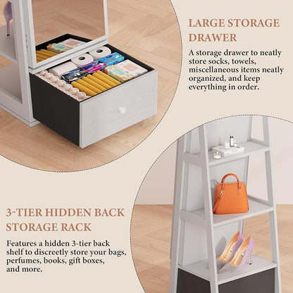 Jewelry Armoire with Drawer and LED Lights, White | Rotatable Jewelry Cabinet with Full Length Mirror, Lockable, 3 Rear Shelves, Jewelry Organizer with Storage for Women, Girl
