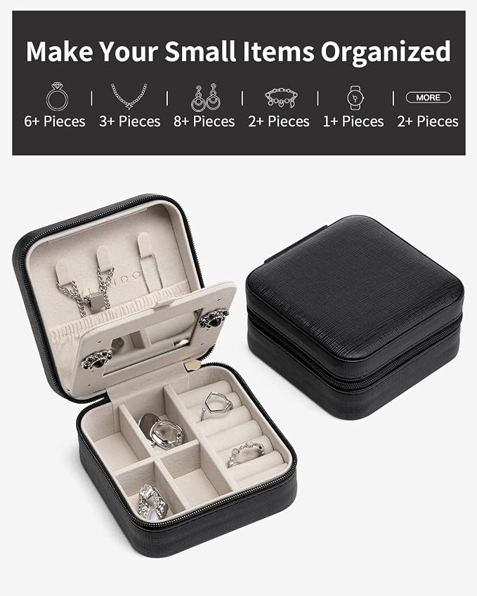 VLANDO Travel Jewelry Case with Mirror, Storage 3 Pairs of Stud Earrings | Necklace Hook for Anti-tangle, Removable Dividers, Waterproof PU Leather,Portable Storage for Rings, Necklace Gifts for Women