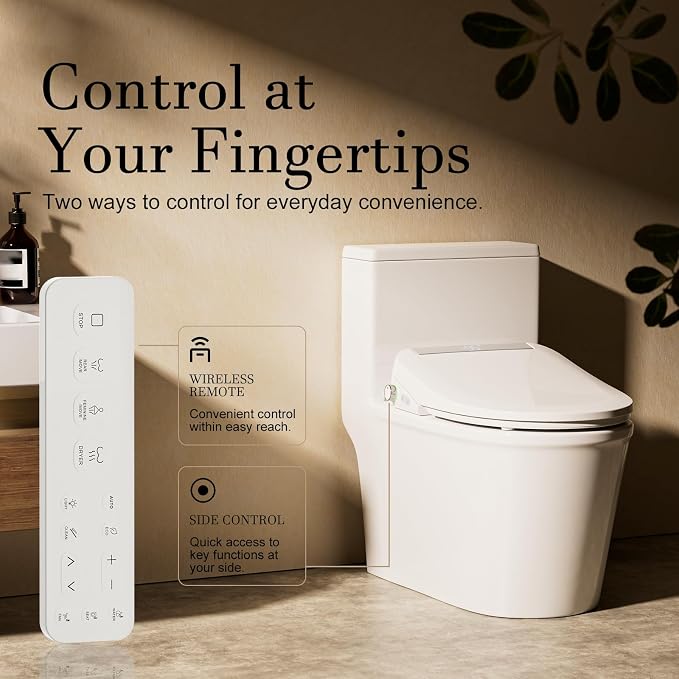 Electric Bidet Toilet Seat Elongated with Warm Water Wash | Heated Seat, Warm Air Dryer, Remote Control, Self-Cleaning Nozzle, LED Night Light, Soft Close Lid