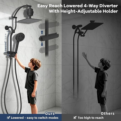Hibbent 10'' Filtered Shower Head & Filtered 10-Mode Handheld Combo, Black | All Metal Stainless Steel Rain Showerhead, 4-way Diverter, Heightened All Metal Extension Arm, 71'' Hose & Holder, Easy Reach