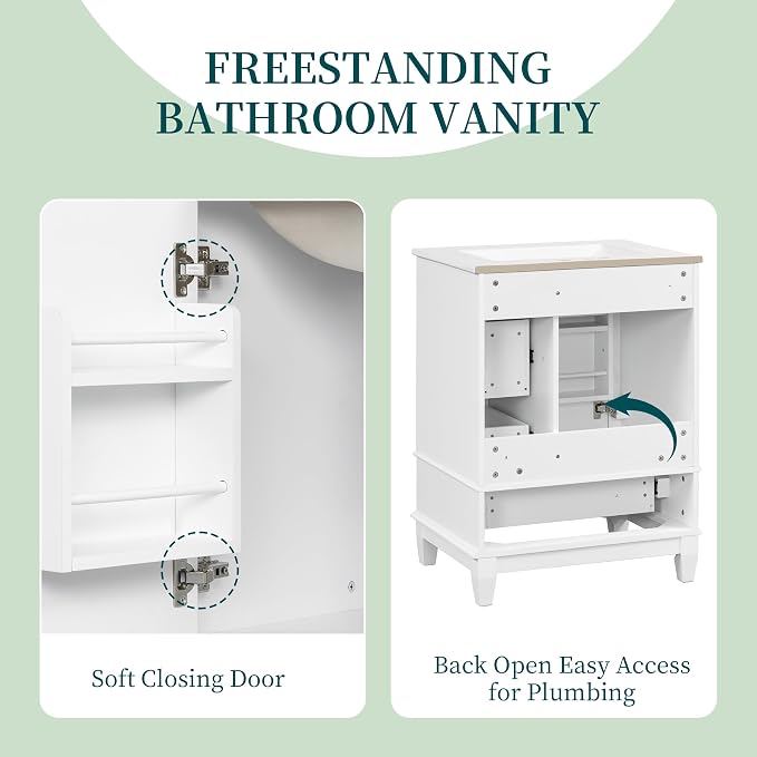 Bathroom Vanity with Ceramic Sink 24 Inch, Cabinet with One Door and Three Drawers, Soft-Closing Door, Solid Wood Legs, White