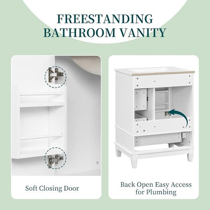 Bathroom Vanity with Ceramic Sink 24 Inch, Cabinet with One Door and Three Drawers, Soft-Closing Door, Solid Wood Legs, White