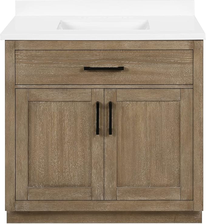 OVE Decors Bailey 36 in. Single Sink Freestanding Driftwood Oak Bathroom Vanity with White Quartz Top and Matching Backsplash