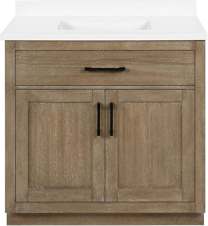 OVE Decors Bailey 36 in. Single Sink Freestanding Driftwood Oak Bathroom Vanity with White Quartz Top and Matching Backsplash