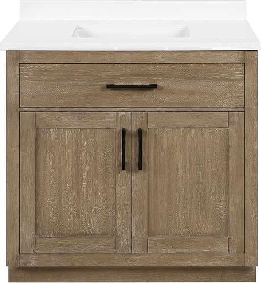 OVE Decors Bailey 36 in. Single Sink Freestanding Driftwood Oak Bathroom Vanity with White Quartz Top and Matching Backsplash